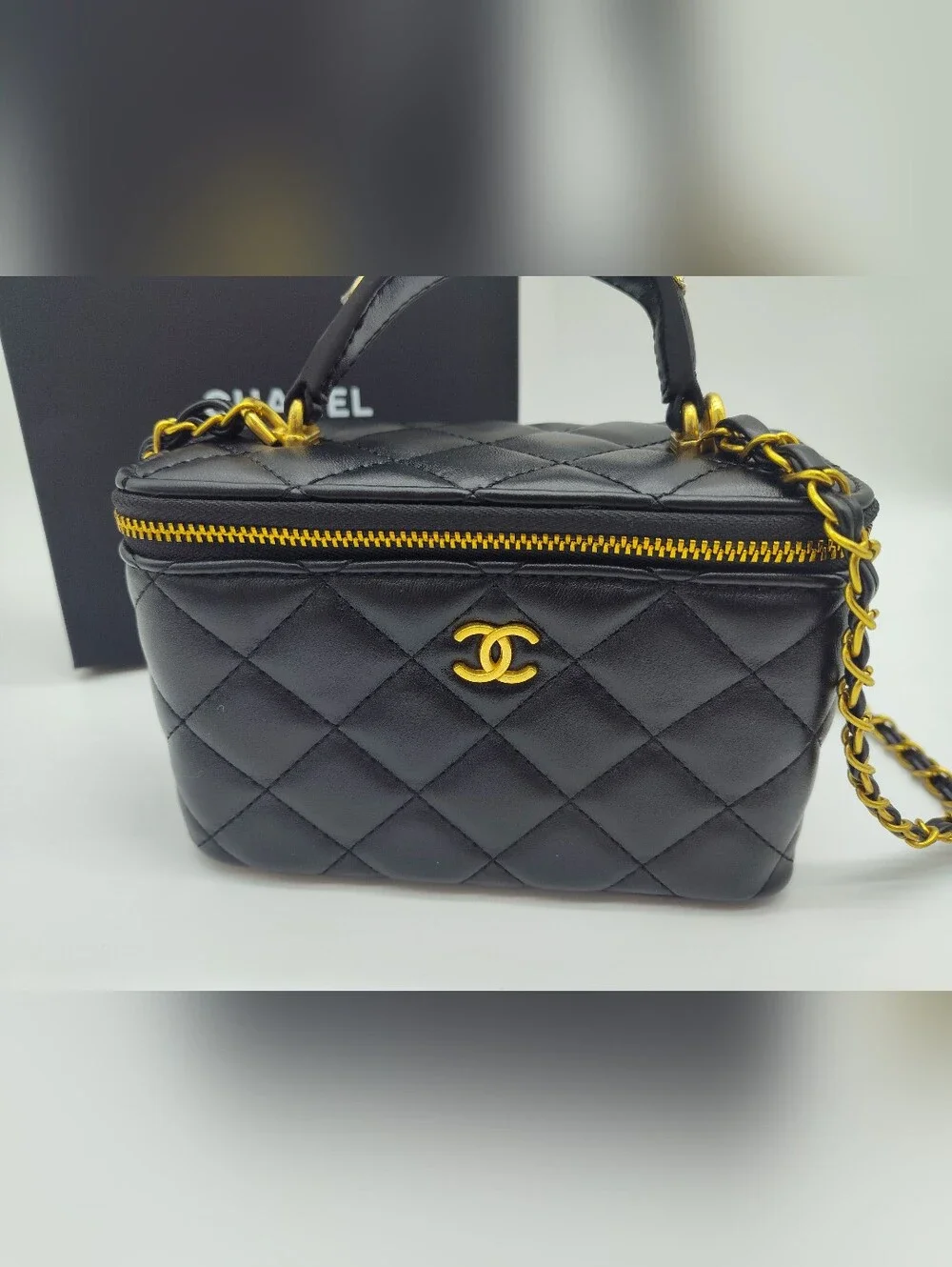CHANEL Black Quilted Mini Vanity Bag with Gold Hardware